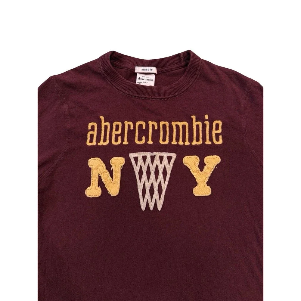 Abercrombie Kids Muscle Long Sleeve Shirt Large Burgundy Cotton Embroidered VTG